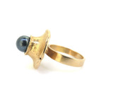 Retro 1970's Signed Stigbert 18ct Yellow Gold & Black Pearl Ring 8.2g Size K