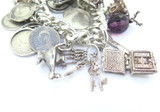 Vintage Sterling Silver 1975 Totally Stacked Bracelet with Coins & Charms 157.2g