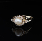 Vintage Cultured Pearl & Diamond 14ct Halo Gold Ring Size Q Val $2750