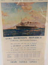 1938 Superb Large Colour Advert. Q.S.M.S Dominion Monarch, Shaw Savill Lines