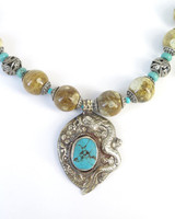 Vintage Decorative Tibetan Silver, Turquoise and Agate Necklace w Snake Amulet
