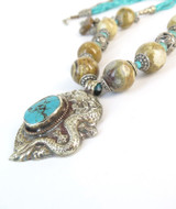 Vintage Decorative Tibetan Silver, Turquoise and Agate Necklace w Snake Amulet