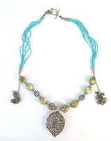 Vintage Decorative Tibetan Silver, Turquoise and Agate Necklace w Snake Amulet