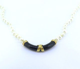 Vintage White Seed Pearl Necklace & Black Onyx 14ct Gold Criss Cross Accent 50cm