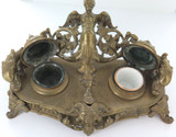 Antique Ornate Brass Twin Ink Wells Desk Set. Winged Goddess, Dolphins etc