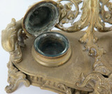 Antique Ornate Brass Twin Ink Wells Desk Set. Winged Goddess, Dolphins etc
