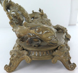 Antique Ornate Brass Twin Ink Wells Desk Set. Winged Goddess, Dolphins etc