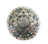 Vintage Aztec Mayan Calendar Sterling Silver Inlaid Pāua Brooch / Pendant 19g