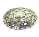 Vintage Aztec Mayan Calendar Sterling Silver Inlaid Pāua Brooch / Pendant 19g