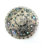 Vintage Aztec Mayan Calendar Sterling Silver Inlaid Pāua Brooch / Pendant 19g