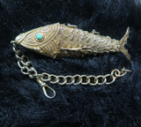 Vintage Articulated Sterling Silver & Turquoise Eyes Filigree Fish Pendant Fob
