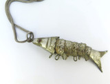 Vintage Articulated Plated Metal Fish Pendant with Red Glass Eyes & 925 Chain