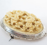Highly Carved Antique Ivory Brooch in .800 Continental Silver Brooch 