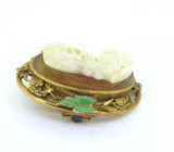 Antique 14ct Yellow Gold Agate Cameo Green Enamel Leaves Brooch 26.2g