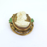 Antique 14ct Yellow Gold Agate Cameo Green Enamel Leaves Brooch 26.2g