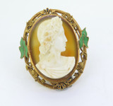 Antique 14ct Yellow Gold Agate Cameo Green Enamel Leaves Brooch 26.2g