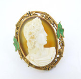 Antique 14ct Yellow Gold Agate Cameo Green Enamel Leaves Brooch 26.2g