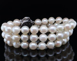 Vintage Three Row Stand Pearl Bracelet White Gold Diamond Clasp 16cm val $5530