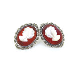 Vintage Style Pair of Sterling Silver Marcasite & Cameo Earring Studs 11.1g