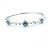 Decorative Sterling Silver & Sparkling Blue Glass Hinged Bangle 11.7g