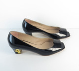 Pair of Classic Chanel Patent Leather Black & Gold-Tone CC Heel Pumps, size 38.5