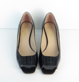 Pair of Classic Chanel Patent Leather Black & Gold-Tone CC Heel Pumps, size 38.5