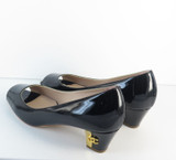 Pair of Classic Chanel Patent Leather Black & Gold-Tone CC Heel Pumps, size 38.5