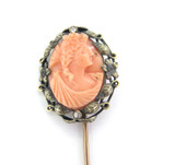 Magnificent Vintage 10ct Yellow Gold Salmon Pink Coral Cameo Stick Pin 6.4g