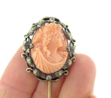 Magnificent Vintage 10ct Yellow Gold Salmon Pink Coral Cameo Stick Pin 6.4g