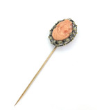 Magnificent Vintage 10ct Yellow Gold Salmon Pink Coral Cameo Stick Pin 6.4g
