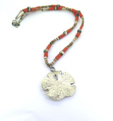 Vintage Sterling Silver Sand Dollar & Vintage Coral Bead Necklace 19.3g