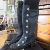 Chanel Grey Suede And Black Knit Button Knee Length Boots, size 37.5 EU (8 AU)