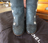 Chanel Grey Suede And Black Knit Button Knee Length Boots, size 37.5 EU (8 AU)