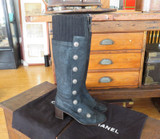 Chanel Grey Suede And Black Knit Button Knee Length Boots, size 37.5 EU (8 AU)