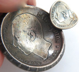 2 x 1885 Spanish Silver Coins Made Into Tiny Ashtray.