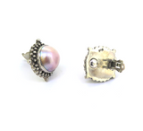 Vintage Sterling Silver & Pink Mabe Pearl Granulated Design Clip-on Earrings 17g