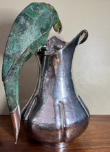 Vintage Signed Los Castillo Large Silver Plate Pitcher with Stone Parrot