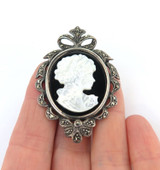 Vintage Sterling Silver Cameo & Marcasite Art Deco Style Pendant / Brooch 12.8g