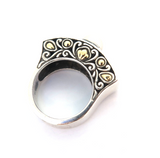 Ornate Balinese Style Sterling Silver 18ct Yellow Gold & Pearl Ring Size P 13.3g