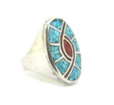 Vintage Intricate Design Sterling Silver Inlaid with Turquoise & Coral Size V1/2