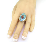 Vintage Intricate Design Sterling Silver Inlaid with Turquoise & Coral Size V1/2