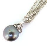 Elegant Sterling Silver Tahitian Pearl 16mm CZ Pendant Enhancer & 925 Chain 42cm