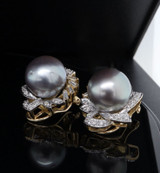 Vintage 11mm - 12mm Tahitian Cultured Pearl Diamond 18ct Gold Earrings Val $7130