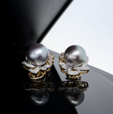 Vintage 11mm - 12mm Tahitian Cultured Pearl Diamond 18ct Gold Earrings Val $7130