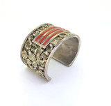 Heavy Vintage Sterling Silver Artisan Nugget & Inlaid Coral Bangle Cuff 123.3g