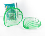 Matching Pair Vintage Green Depression Glass Shell Shaped Cigarette Ashtrays