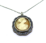 Unusual Vintage .800 Silver Cameo & Simulated Sapphire Pendant & Chain 10.1g