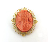 Delightful Antique 14ct Yellow Gold & Pink High Relief Carved Coral Cameo Brooch