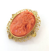 Delightful Antique 14ct Yellow Gold & Pink High Relief Carved Coral Cameo Brooch