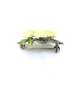 Vintage S&F Sterling Silver Celluloid Roses & Green Enamelled Floral Brooch 5.2g